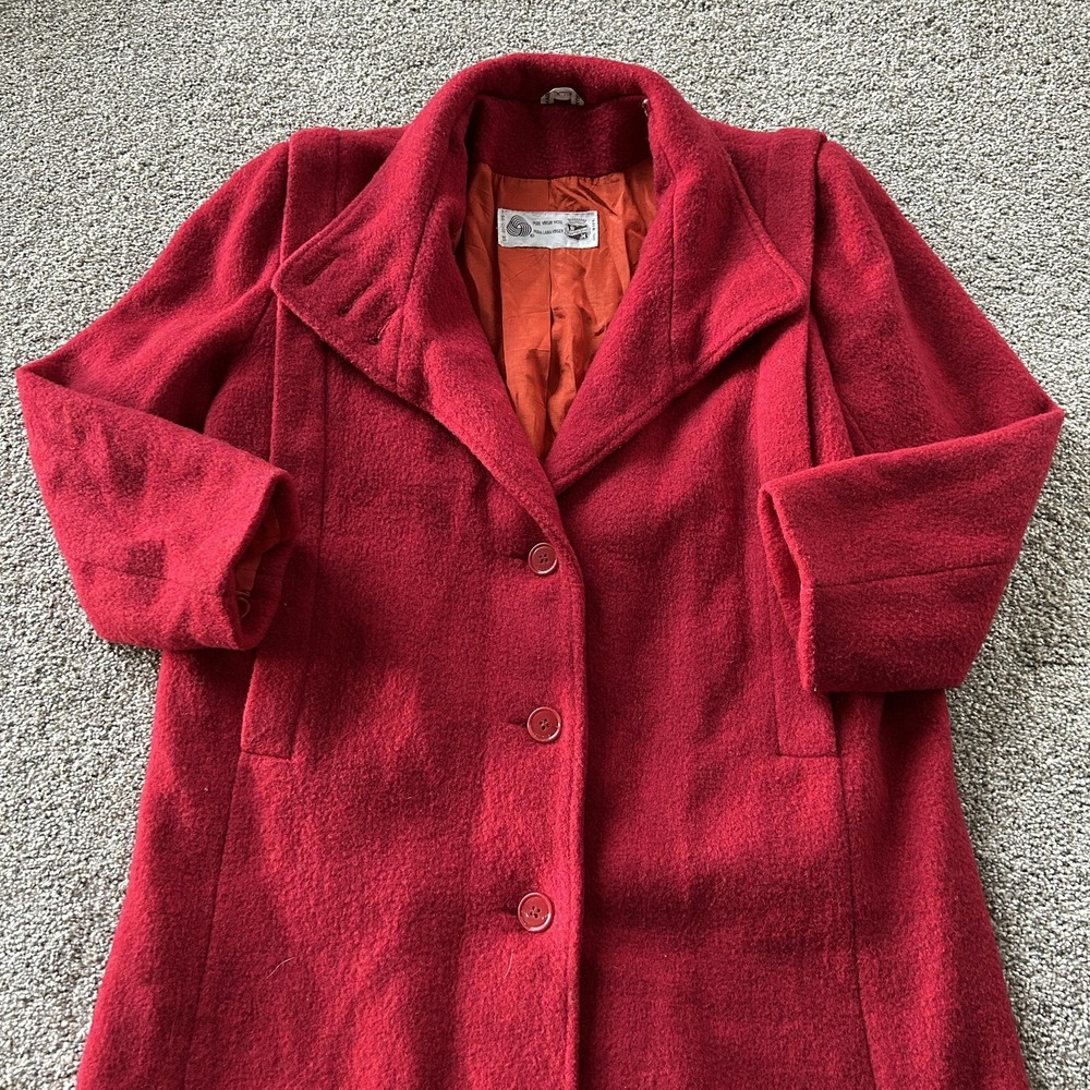 Vintage Saxton Hall Coat Womens Med Red Wool Mid Length 3/4 Sleeve Button Lined